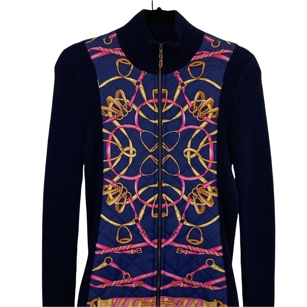 J. McLaughlin Navy Blue Equestrian Print Full Zip Cardigan Sz XS